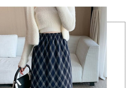 High Waist Plaid Midi A-Line Skirt