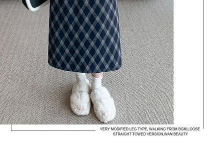 High Waist Plaid Midi A-Line Skirt