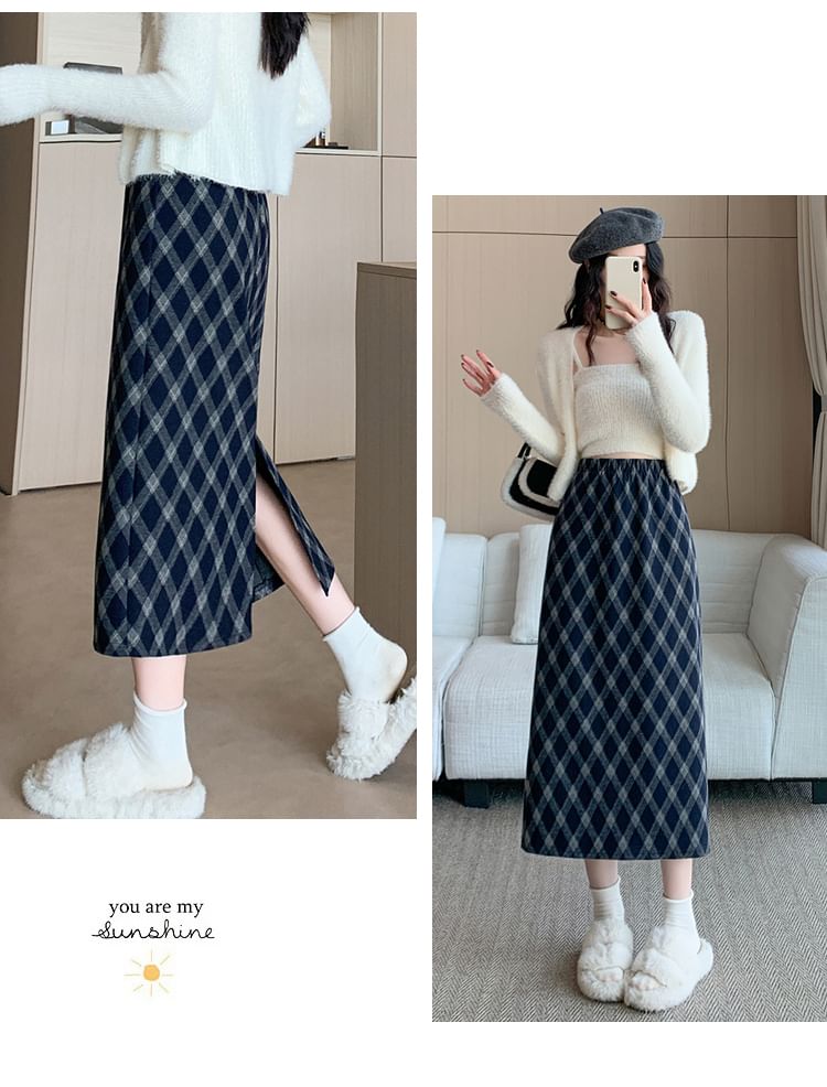 High Waist Plaid Midi A-Line Skirt