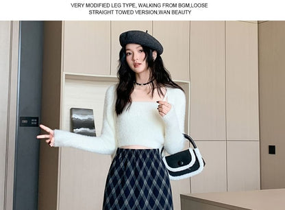 High Waist Plaid Midi A-Line Skirt