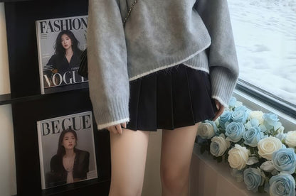 Crew Neck Drop Shoulder Sweater with Contrast Trim