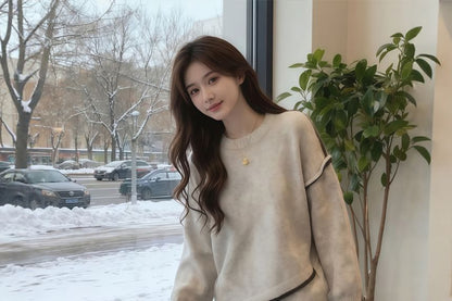 Crew Neck Drop Shoulder Sweater with Contrast Trim