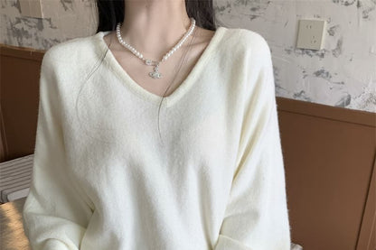 V-Neck Drop Shoulder Knit Sweater