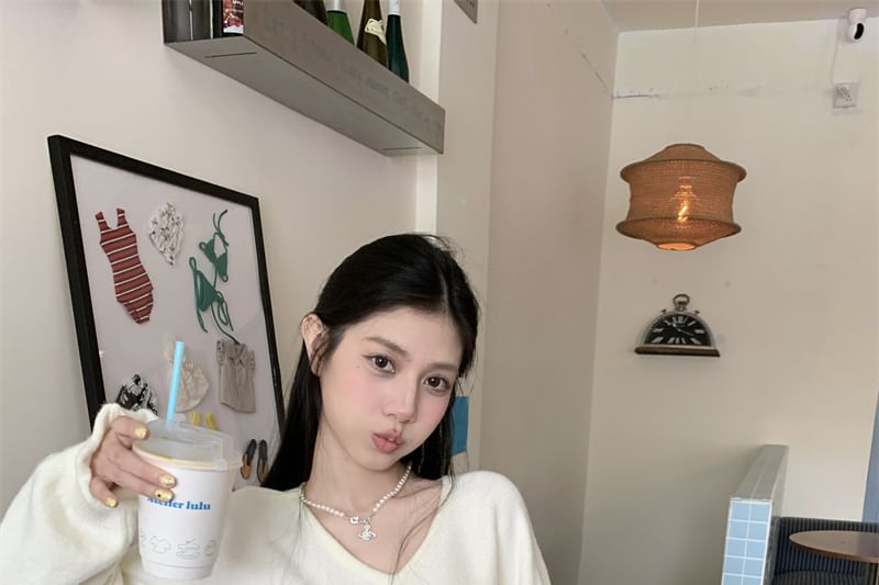 V-Neck Drop Shoulder Knit Sweater