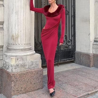 Long-Sleeve Scoop Neck Fluffy Panel Cutout Maxi Bodycon Dress