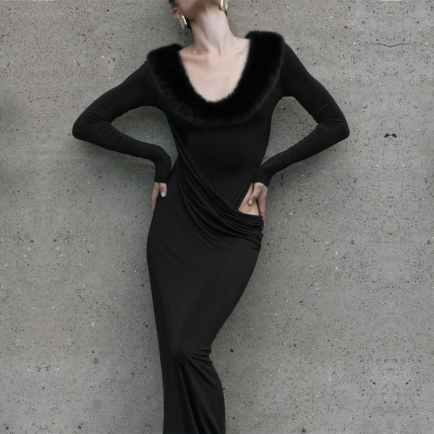 Long-Sleeve Scoop Neck Fluffy Panel Cutout Maxi Bodycon Dress