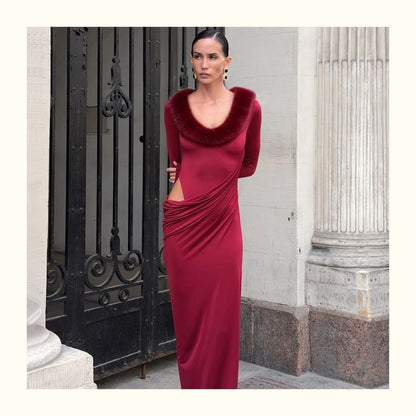Long-Sleeve Scoop Neck Fluffy Panel Cutout Maxi Bodycon Dress