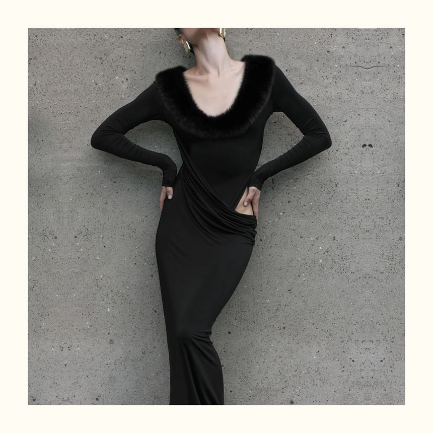 Long-Sleeve Scoop Neck Fluffy Panel Cutout Maxi Bodycon Dress