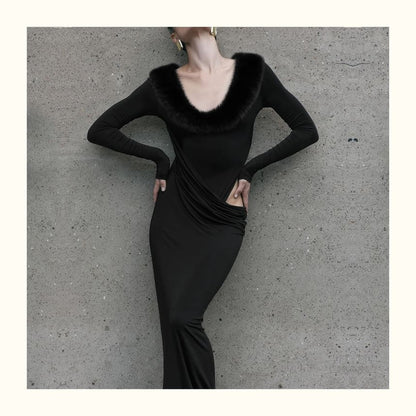 Long-Sleeve Scoop Neck Fluffy Panel Cutout Maxi Bodycon Dress