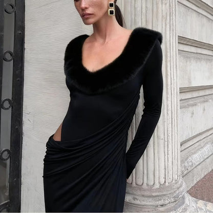 Long-Sleeve Scoop Neck Fluffy Panel Cutout Maxi Bodycon Dress