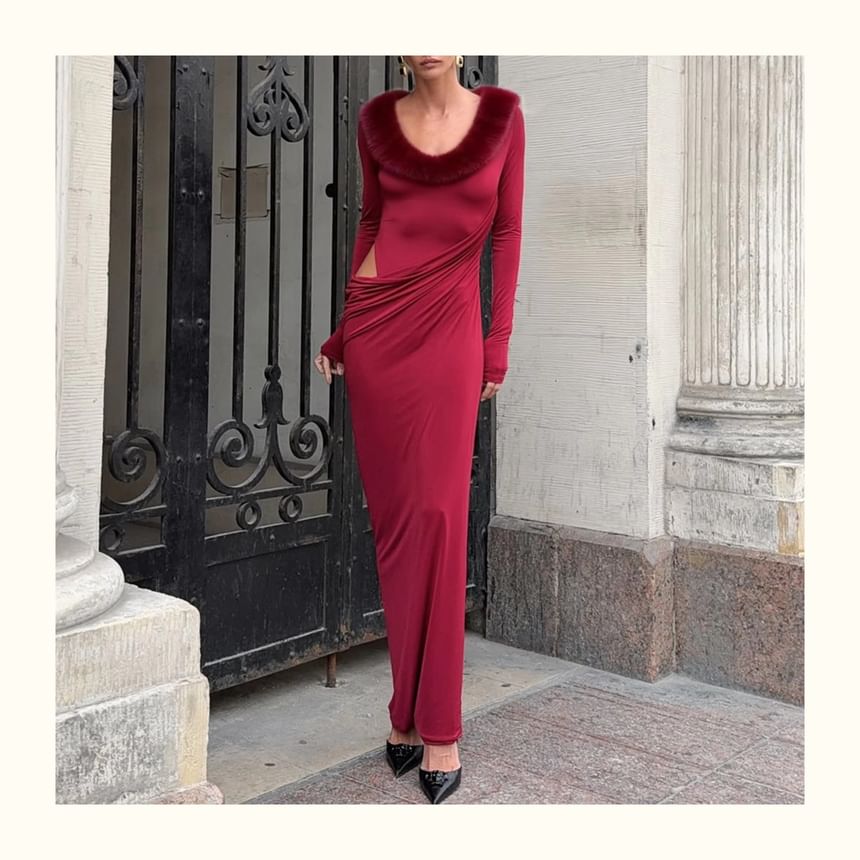 Long-Sleeve Scoop Neck Fluffy Panel Cutout Maxi Bodycon Dress