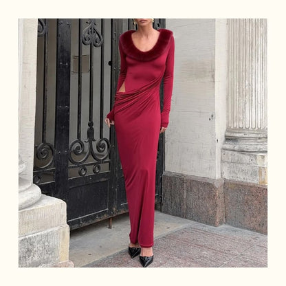 Long-Sleeve Scoop Neck Fluffy Panel Cutout Maxi Bodycon Dress