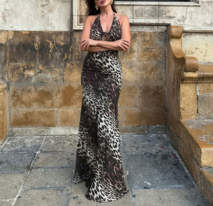 Sleeveless Halter Neck Leopard Print Maxi Bodycon Dress