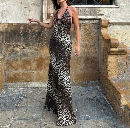 Sleeveless Halter Neck Leopard Print Maxi Bodycon Dress