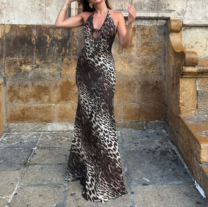 Sleeveless Halter Neck Leopard Print Maxi Bodycon Dress