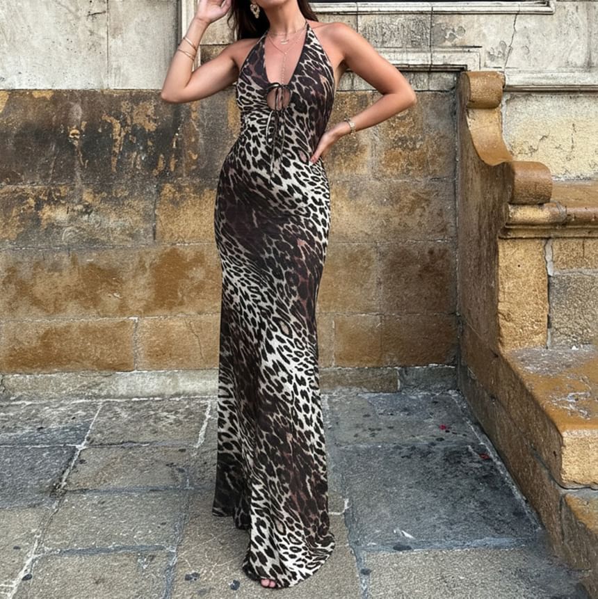 Sleeveless Halter Neck Leopard Print Maxi Bodycon Dress
