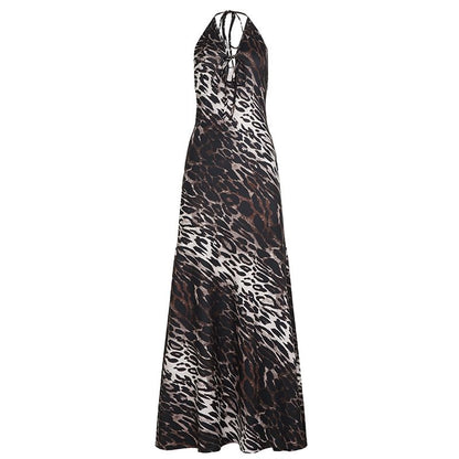 Sleeveless Halter Neck Leopard Print Maxi Bodycon Dress