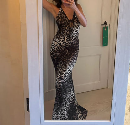 Sleeveless Halter Neck Leopard Print Maxi Bodycon Dress