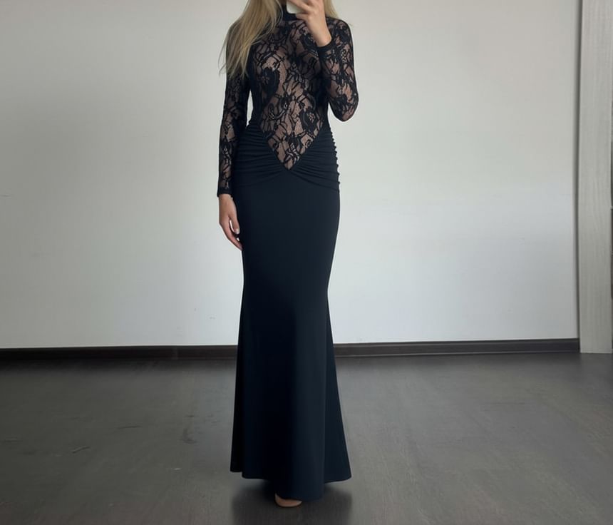 Long-Sleeve Mock Neck Lace Panel Maxi Sheath Dress
