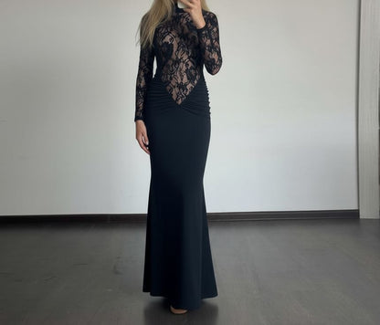Long-Sleeve Mock Neck Lace Panel Maxi Sheath Dress