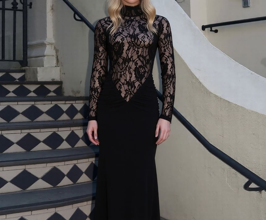 Long-Sleeve Mock Neck Lace Panel Maxi Sheath Dress