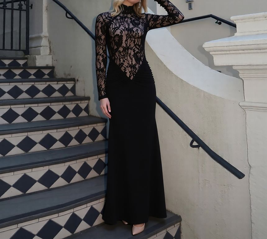 Long-Sleeve Mock Neck Lace Panel Maxi Sheath Dress