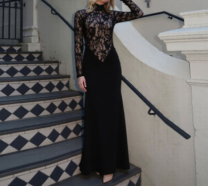 Long-Sleeve Mock Neck Lace Panel Maxi Sheath Dress