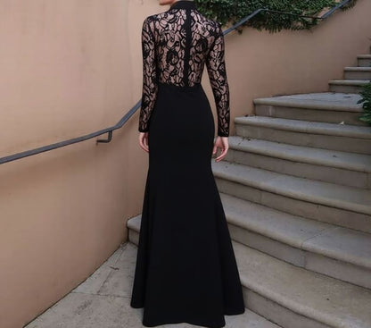 Long-Sleeve Mock Neck Lace Panel Maxi Sheath Dress