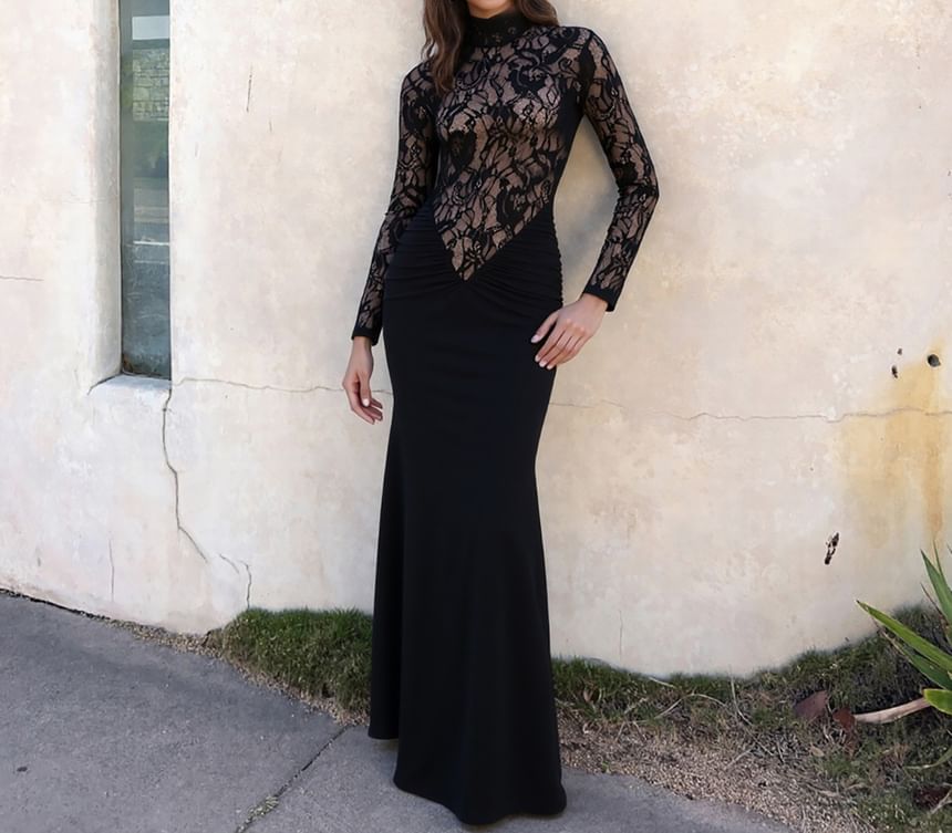 Long-Sleeve Mock Neck Lace Panel Maxi Sheath Dress