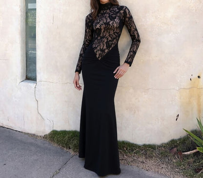 Long-Sleeve Mock Neck Lace Panel Maxi Sheath Dress
