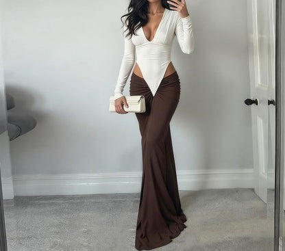 Long-Sleeve V-Neck Two Tone Cutout Maxi Sheath Dress