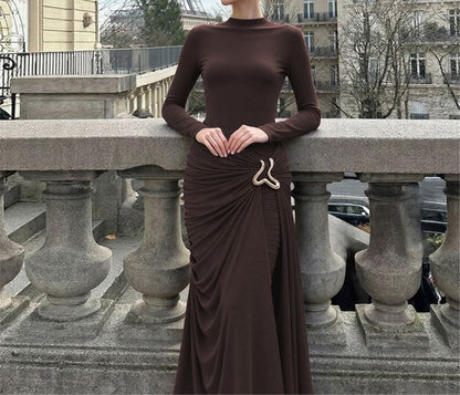 Long-Sleeve Mock Neck Plain Buckled Ruched Maxi Sheath Dress