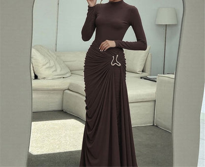 Long-Sleeve Mock Neck Plain Buckled Ruched Maxi Sheath Dress