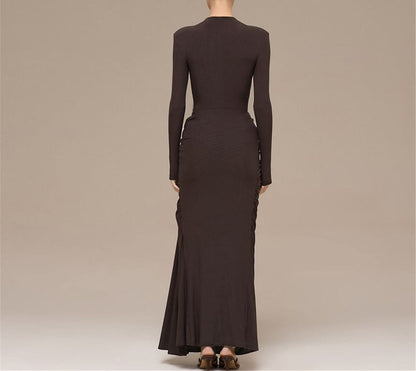 Long-Sleeve Mock Neck Plain Buckled Ruched Maxi Sheath Dress