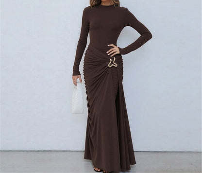 Long-Sleeve Mock Neck Plain Buckled Ruched Maxi Sheath Dress