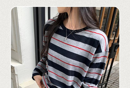 Crew Neck Striped Pullover with Long Sleeves