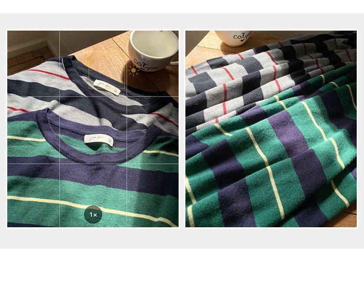 Crew Neck Striped Pullover with Long Sleeves