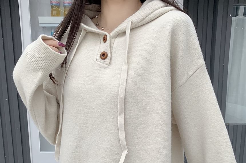 Half-Placket Knit Hoodie in Solid Neutral