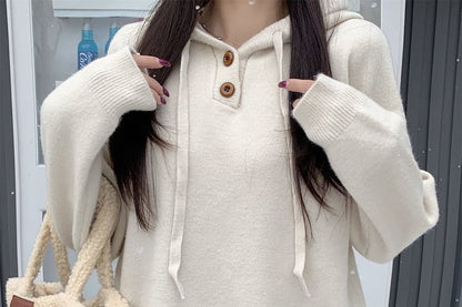 Half-Placket Knit Hoodie in Solid Neutral