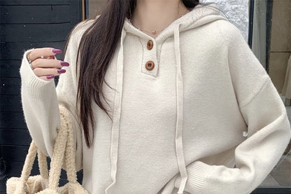 Half-Placket Knit Hoodie in Solid Neutral