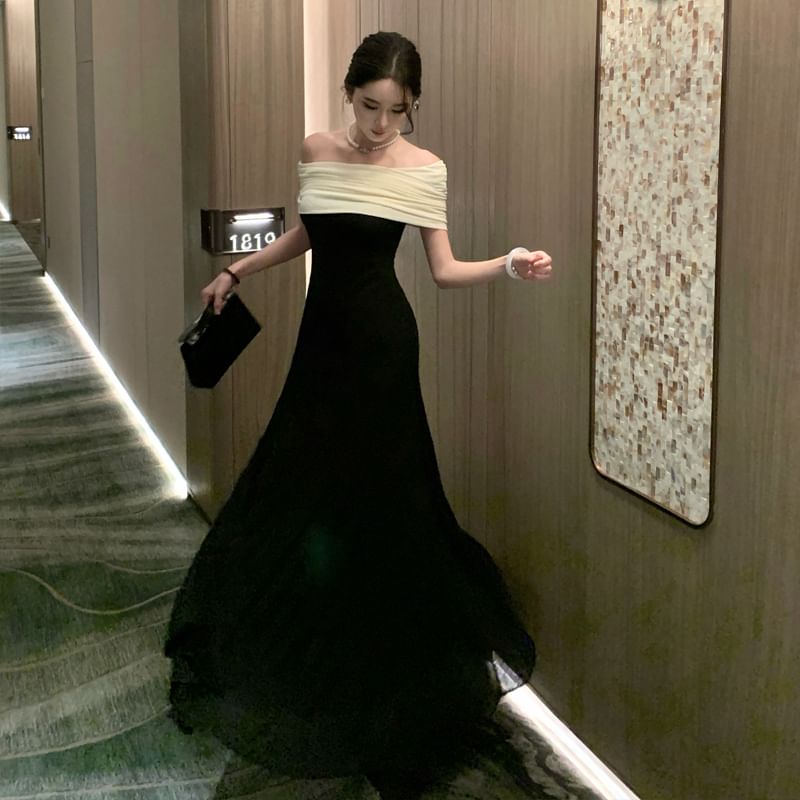 Off-Shoulder Two Tone Ruched A-Line Evening Dress