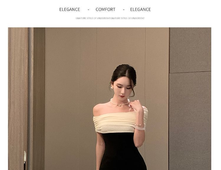 Off-Shoulder Two Tone Ruched A-Line Evening Dress