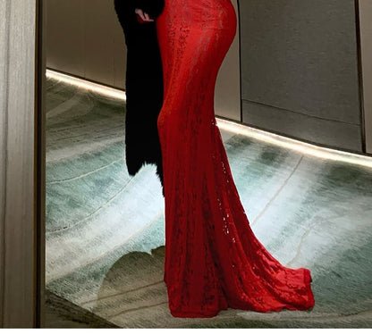 Long-Sleeve Off-Shoulder Lace Mermaid Evening Gown