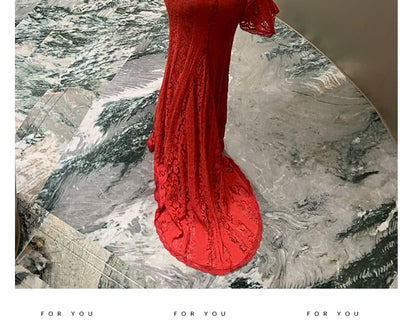 Long-Sleeve Off-Shoulder Lace Mermaid Evening Gown