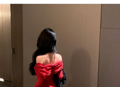 Long-Sleeve Off-Shoulder Lace Mermaid Evening Gown