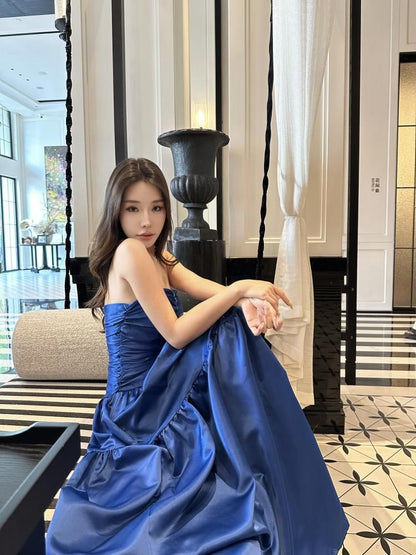 Set: Strapless Plain Ruched A-Line Evening Gown + Arm Sleeves