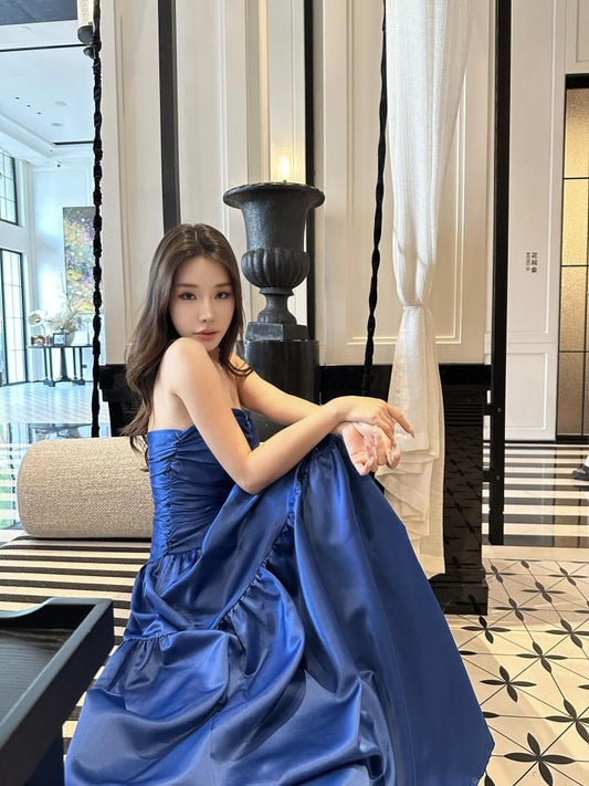 Set: Strapless Plain Ruched A-Line Evening Gown + Arm Sleeves