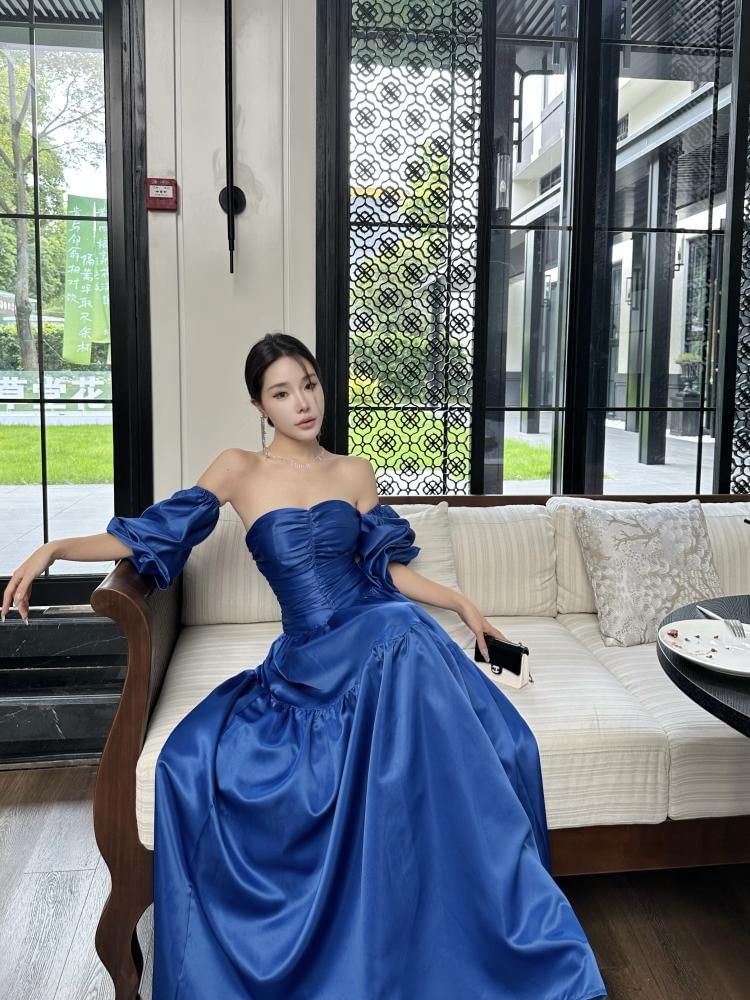Set: Strapless Plain Ruched A-Line Evening Gown + Arm Sleeves