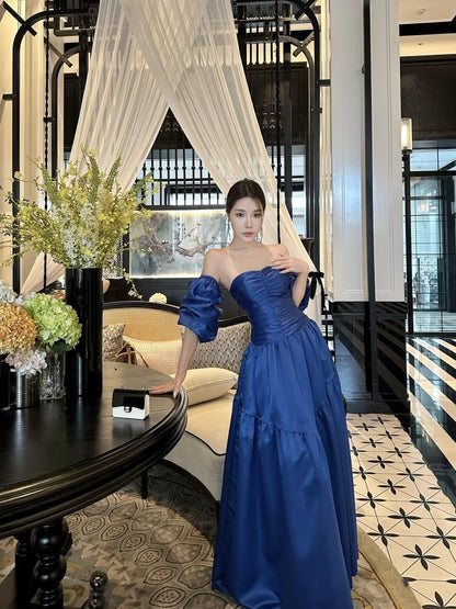 Set: Strapless Plain Ruched A-Line Evening Gown + Arm Sleeves