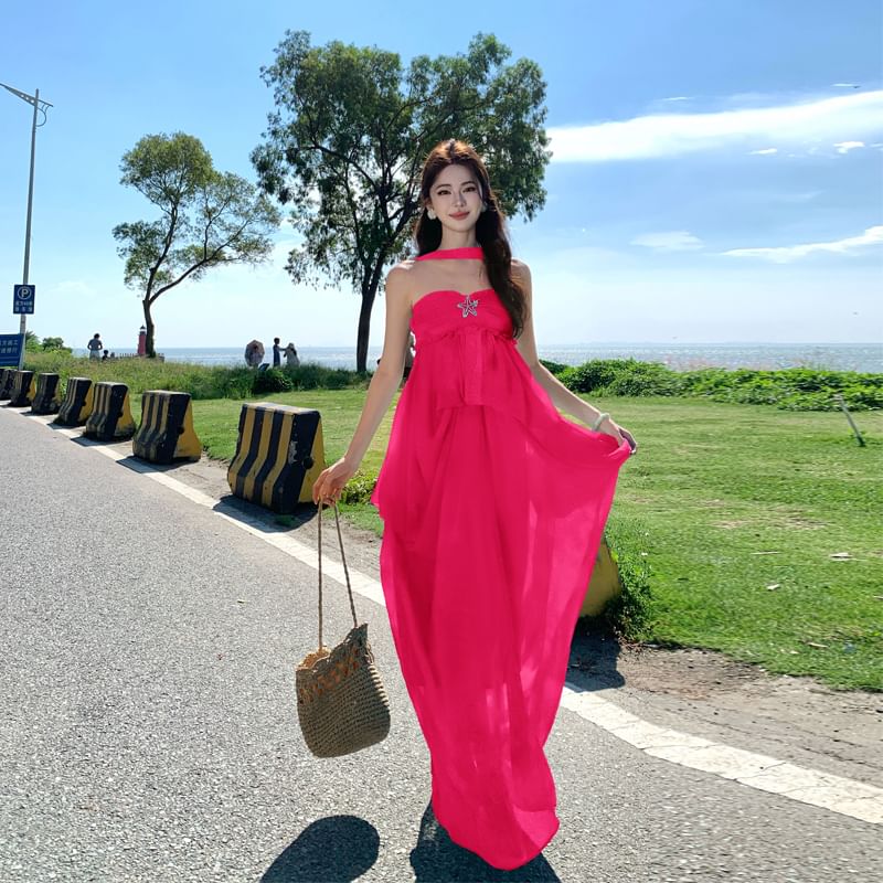 Set: Halter Neck Frill Trim Ruched Open Back Maxi Dress + Brooch